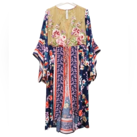 Aratta Silent Journey Other - Aratta Floral Sheer Kimono with Pink and Green Embroidery Size Large